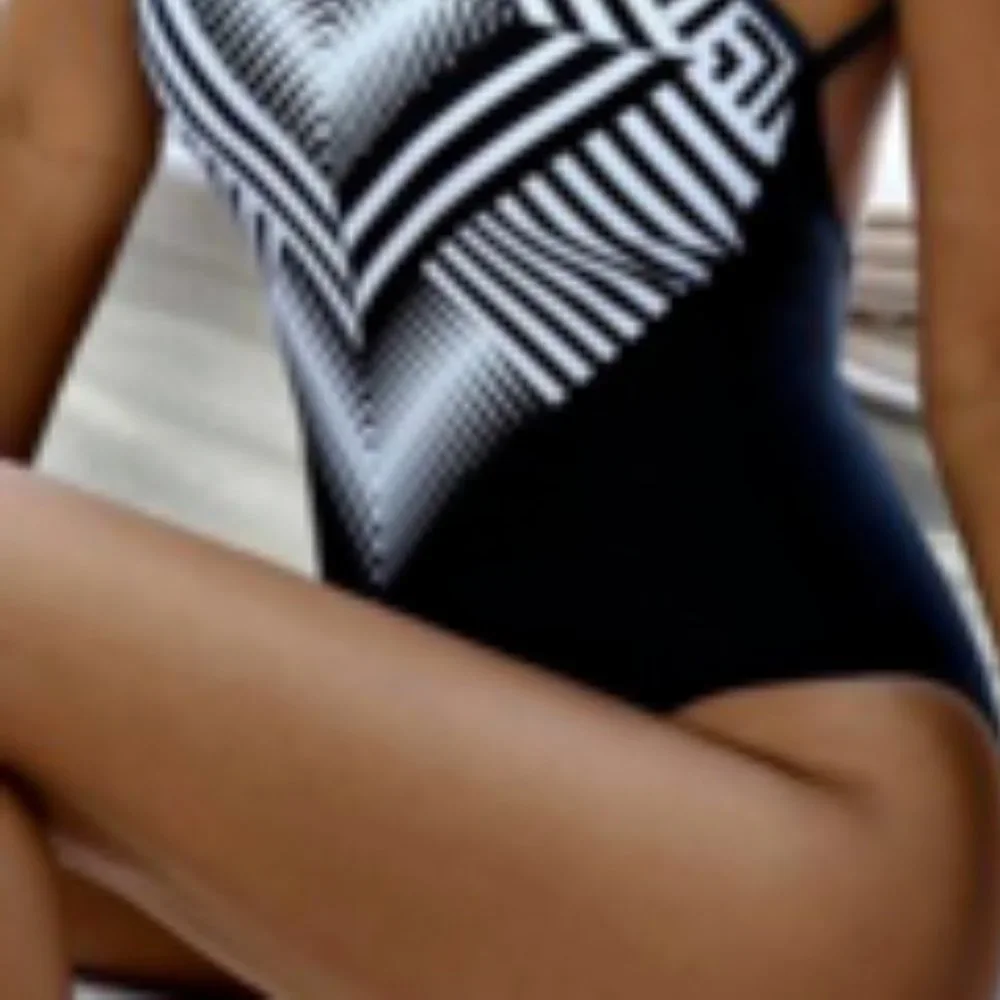 Geometric Pattern Printed Swimsuit Black White NEW